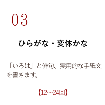 03 ひらがな・変体かな 「いろは」と俳句、実用的な手紙文を書きます。【12~24回】
